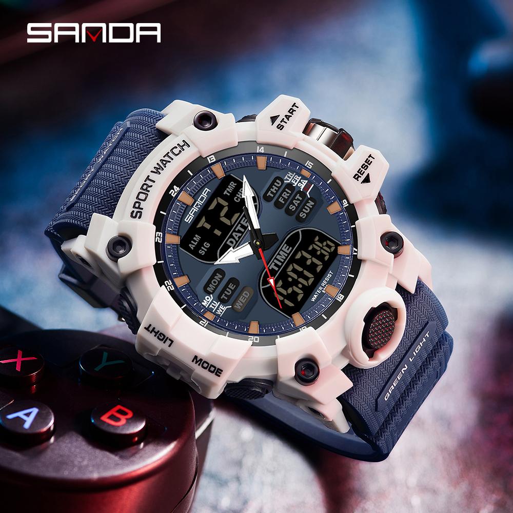 SANDA Спортивные военные мужские часы, роскошные часы с двойным дисплеем, водонепроницаемые кварцевые наручные часы 50 м для мужчин