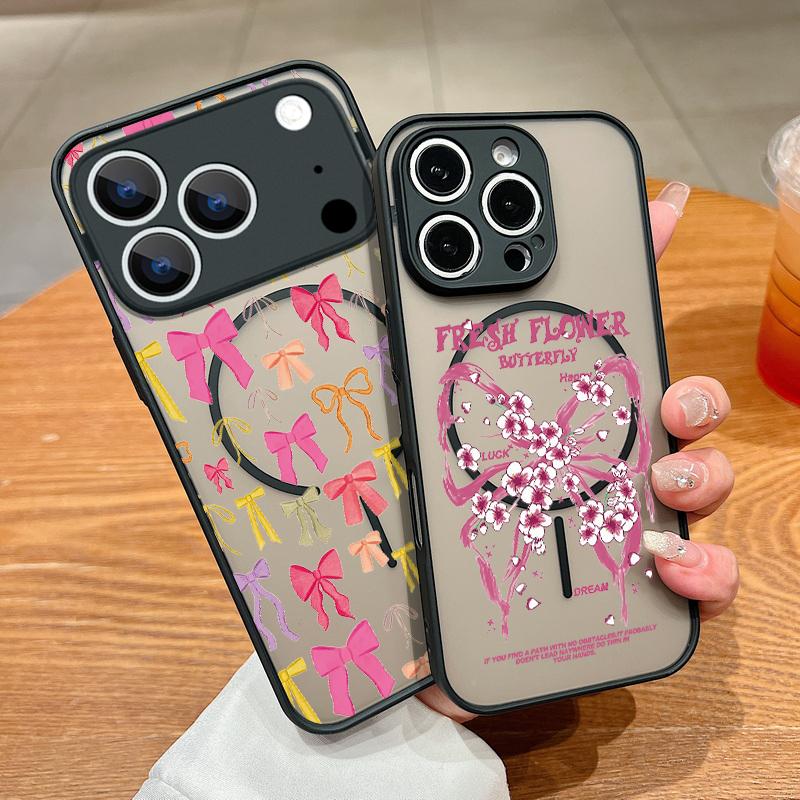 Pink Bow Pattern Magnetic Case For iPhone 17 17e 16e 16 15 Pro 14 13 Pro Max For Magsafe Translucent Matte Hard PC Phone Cover