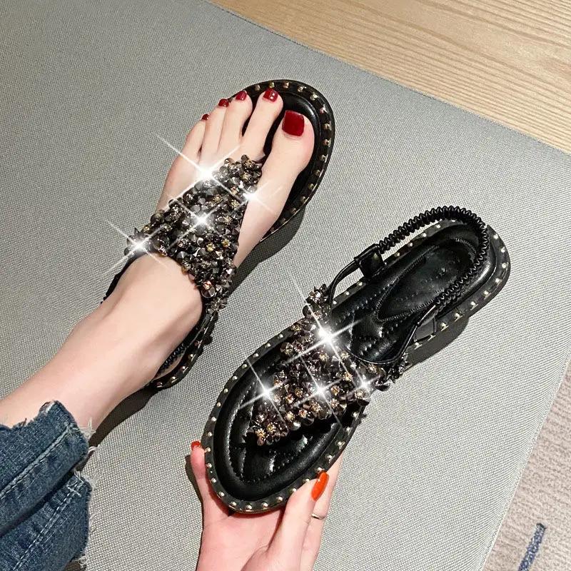 Sandals for Women Summer 2025 Rhinestones Beach Ladies Shoes Diamond Footwear Open Toe Comfort Comfortable and Elegant Vip F H