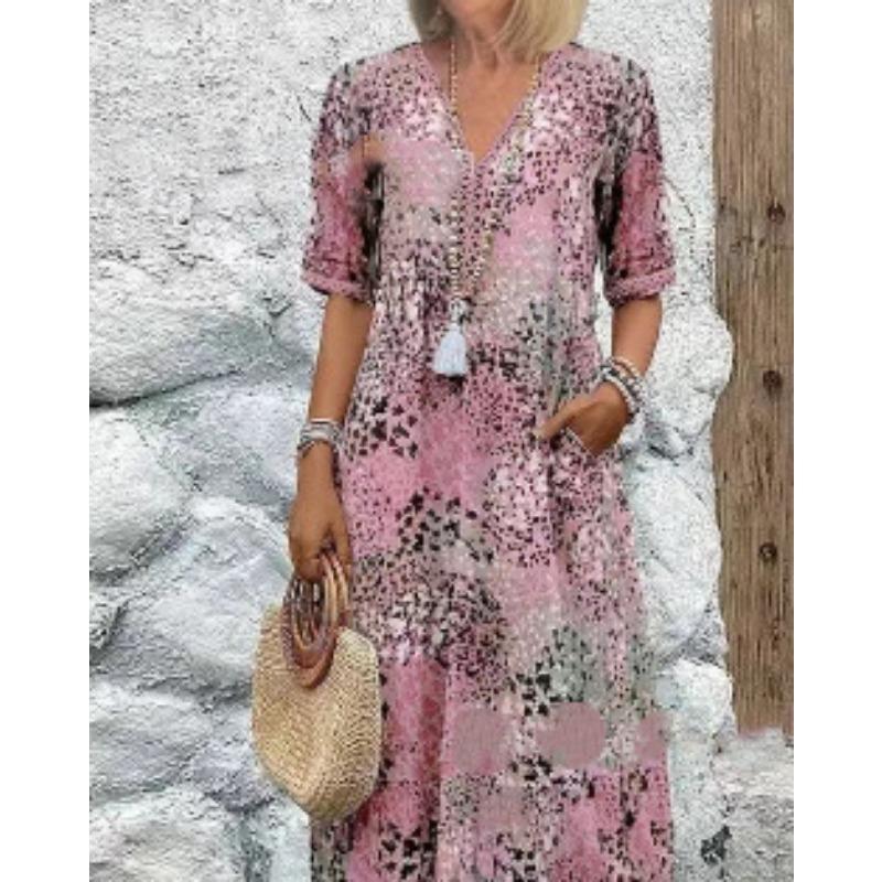 Женские модные платья с коротким рукавом и V-образным вырезом, украшенные кружевом и набивным рисунком