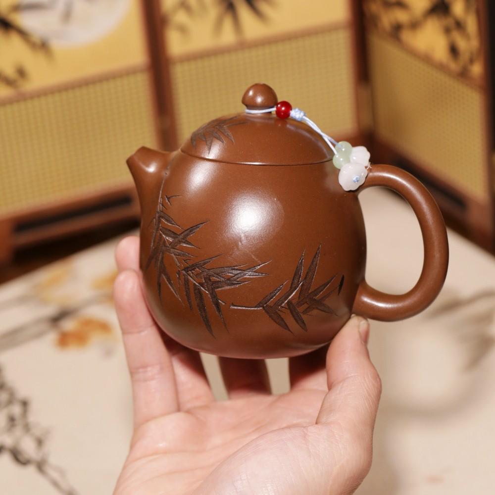 Handcrafted Yixing Zisha Purple Clay Teapot by Famous Artist - Bamboo Leaf Dragon Egg Design Tea Set