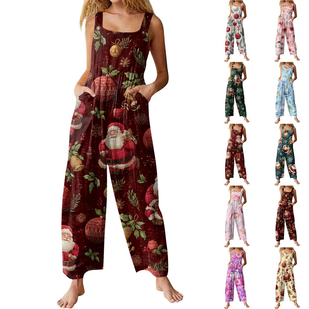 Womens Casual Overalls Jumpsuits Adjustable Straps Sleeveless Print Comfy Rompers With Pocket
