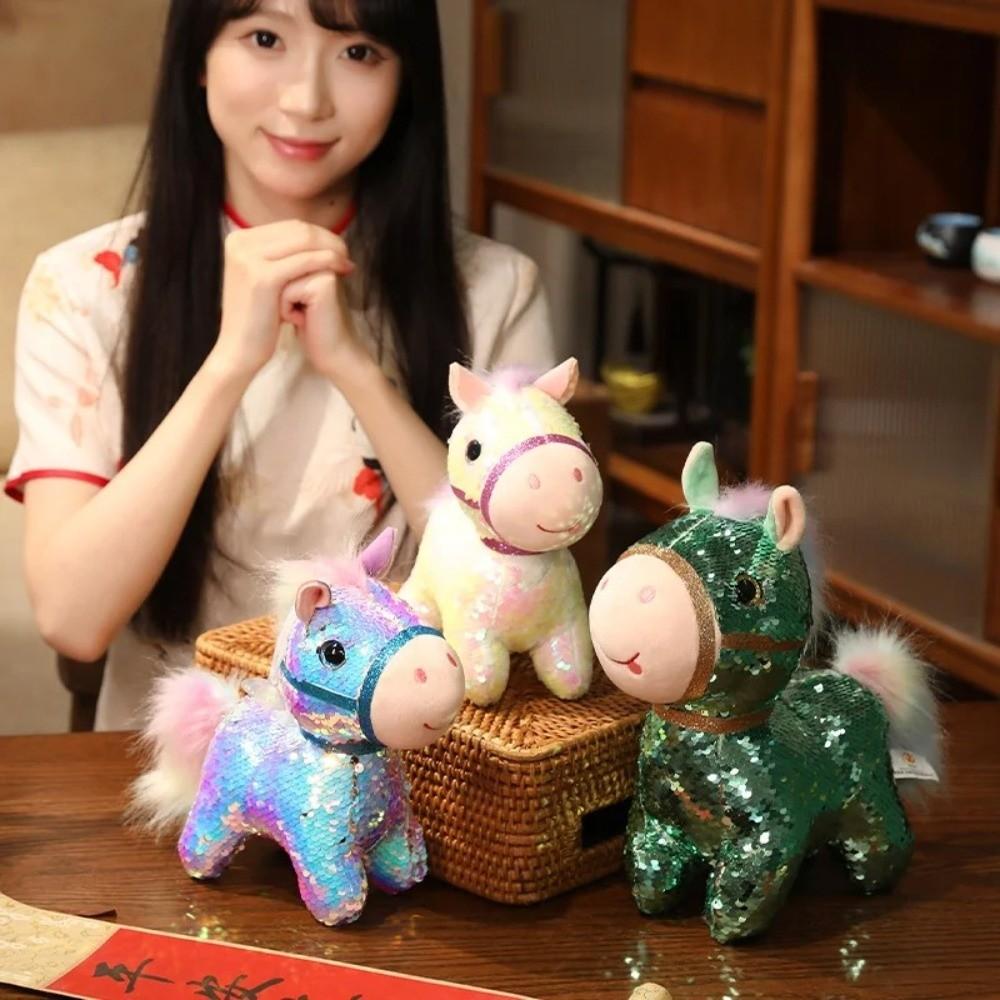Stuffed Pretty Flashing Horse Plush Doll Colorful Sequined Pony Decor Festival Decoration