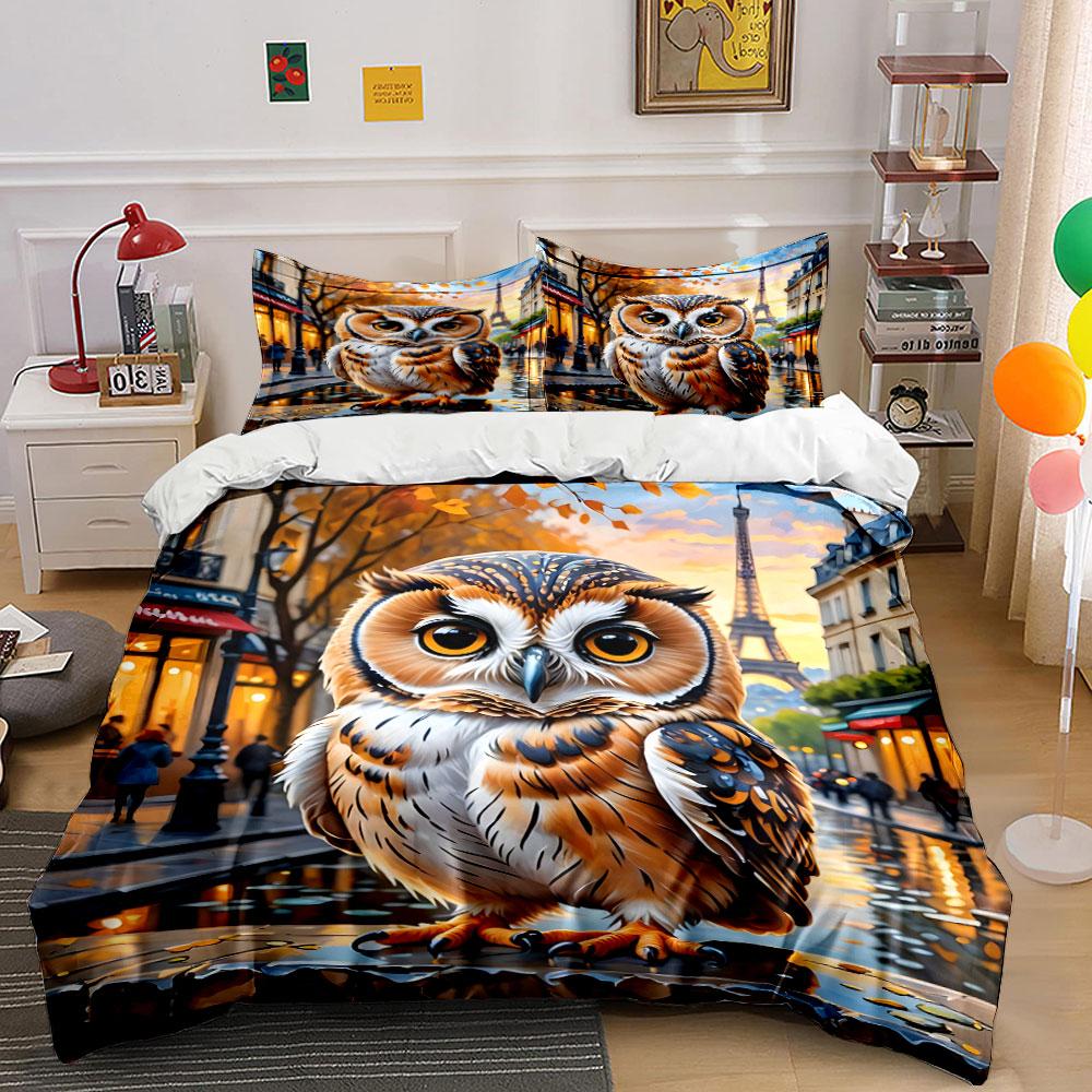Owl on Parisian Autumn Street Print Bedding Set 1 Duvet Cover 2 Pillowcases for Adult and Children Luxury Gift Full Size
