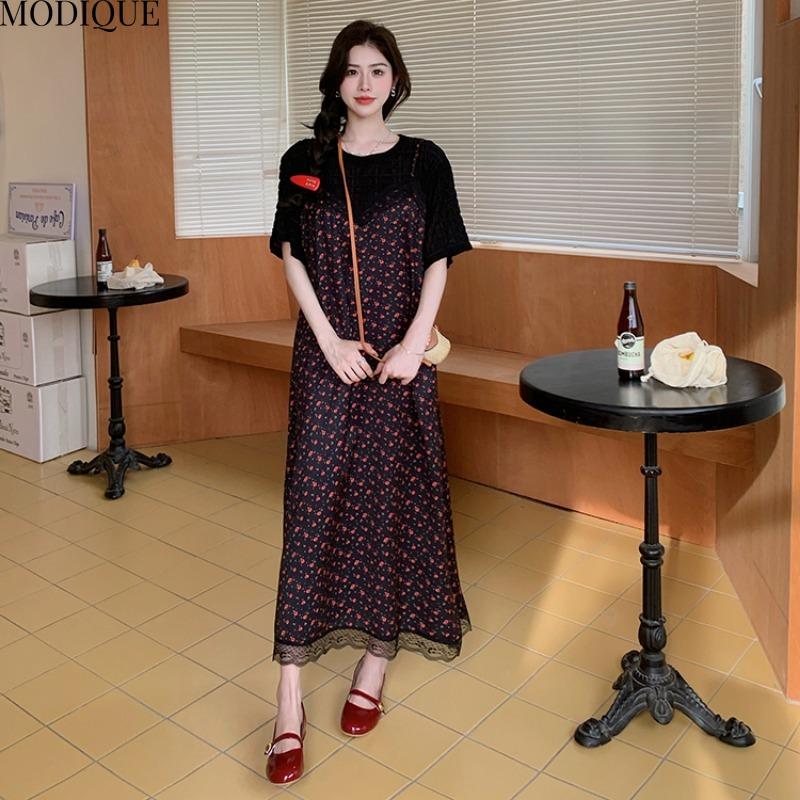 MODIQUE Летние платья больших размеров для женщин, свободные, сладкие, с цветочным принтом, кружевные, плиссированные, длинные, женские, повседневные, с коротким рукавом, с круглым вырезом