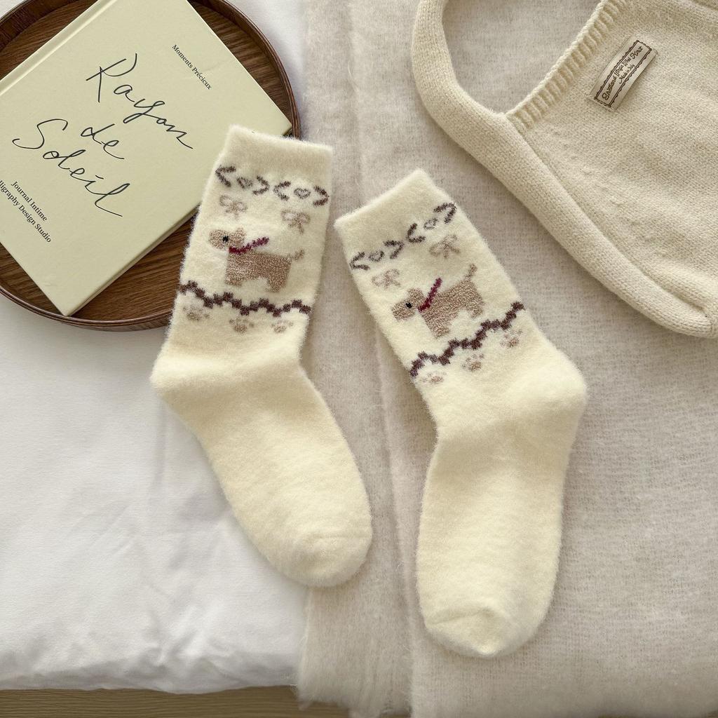 Женские осенне-зимние теплые плюс толстые ретро милые носки-гольфы с щенком