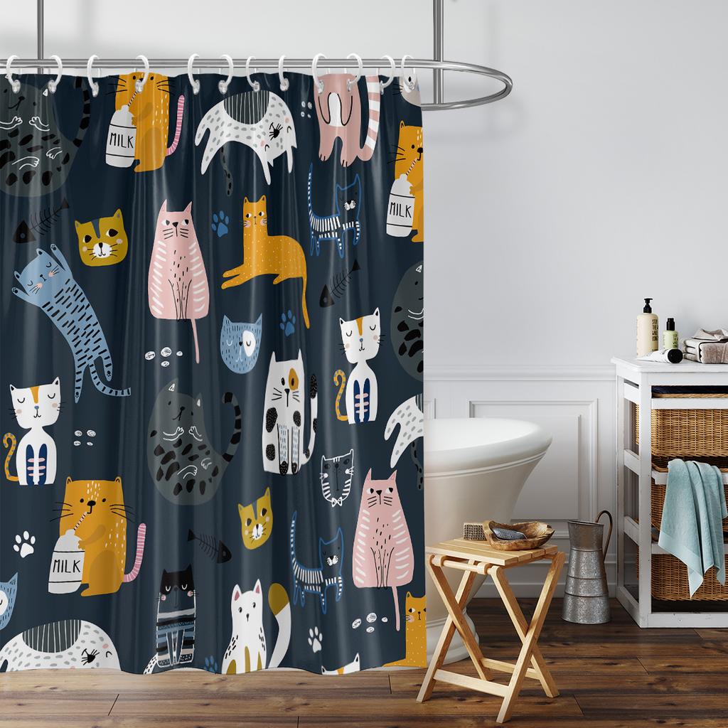 1 шт. Водонепроницаемая шторка для душа с мультяшным принтом кота, Подвесная шторка-перегородка для душа с 12 крючками для легкой установки