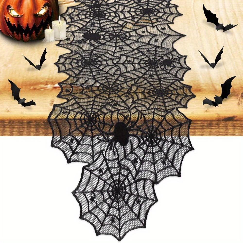 1pc Table Runner with 16 Pack 3D Bats, Spider Web Black Lace Table Runner for Kitchen Dinner Table Party Decoration Indoor