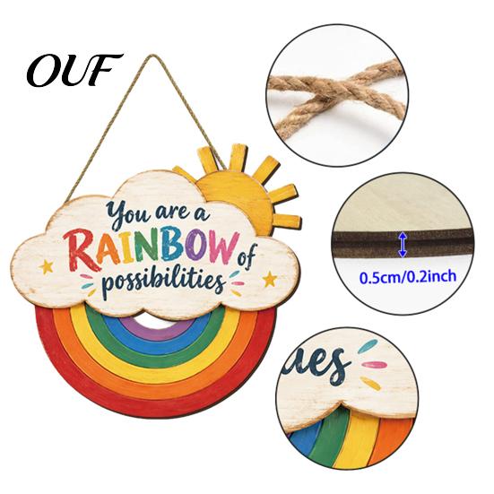 Positive Quote Wood Sign Boho Rainbow Sun Welcome Door Sign, Wall Hanging Plaque Ornaments with Inspirational Quote, Colorful Hanger for Bedroom,