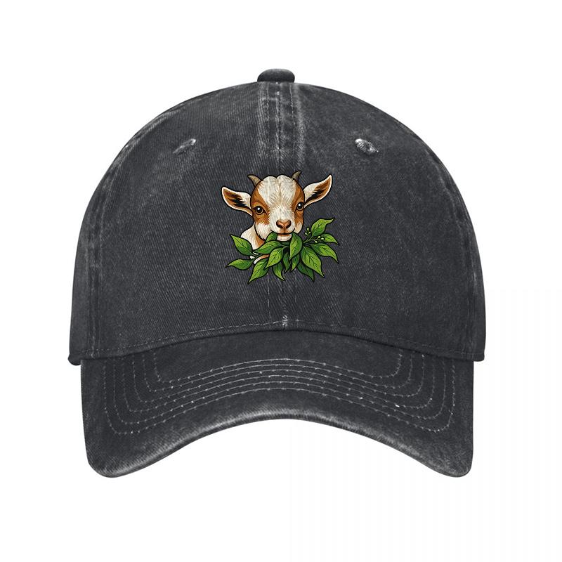 Goat Face Embroidered Washed Cotton Baseball Cap Classic Black Adjustable Hat with Green Leaves Design for Unisex and Women