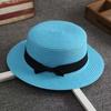 Beach Straw Hat Flat Top Wide Brim Sun Protection Hat with Black Ribbon Bow Hand-Woven Breathable