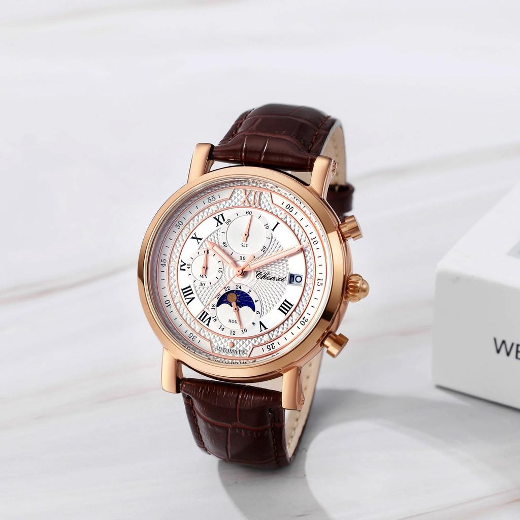 Starry Sky Watch with Genuine Leather Strap and Roman Alphabet Analog Luminous Moon 3ATM Water Quartz and Stylish Fashion Accessory Perfect for or As