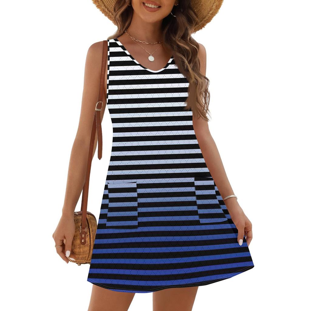 Женское модное повседневное летнее платье без манжет с карманом, V-образным вырезом и полосатым принтом, пляжный сарафан
