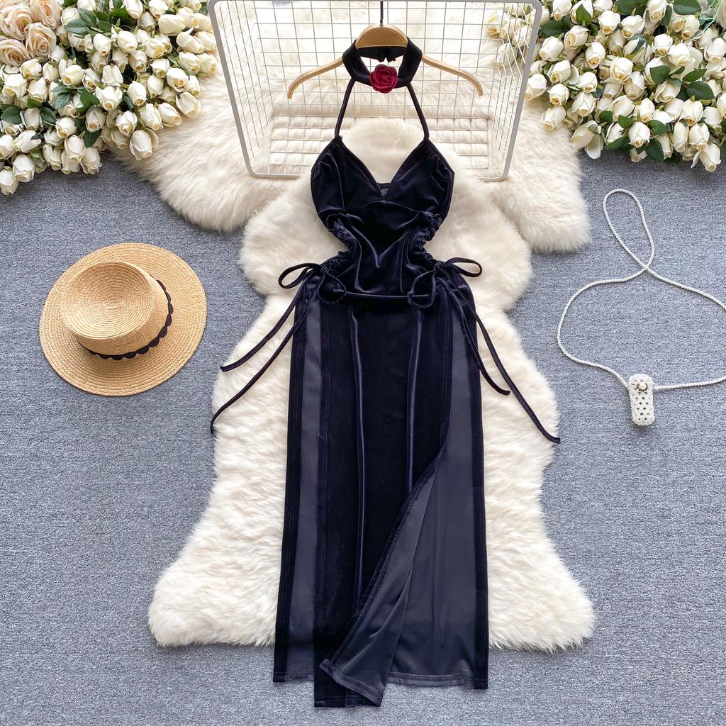 2024 Холтер Сексуальное бархатное цельное платье Женское V-образным вырезом с открытой спиной на шнуровке Slim Fit Платья Женская мода Сплит Длинное элегантное вечернее платье