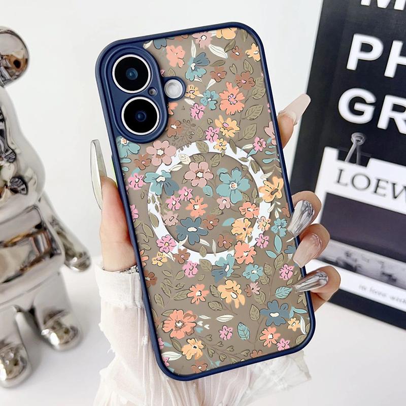 Магнитный чехол с узором из оранжевого цветка для iPhone 16 Pro 15 14 Plus 13 12 Pro Max 11, ударопрочный, прозрачный, с мягкими краями, акриловый, жесткий, защитный чехол для линз