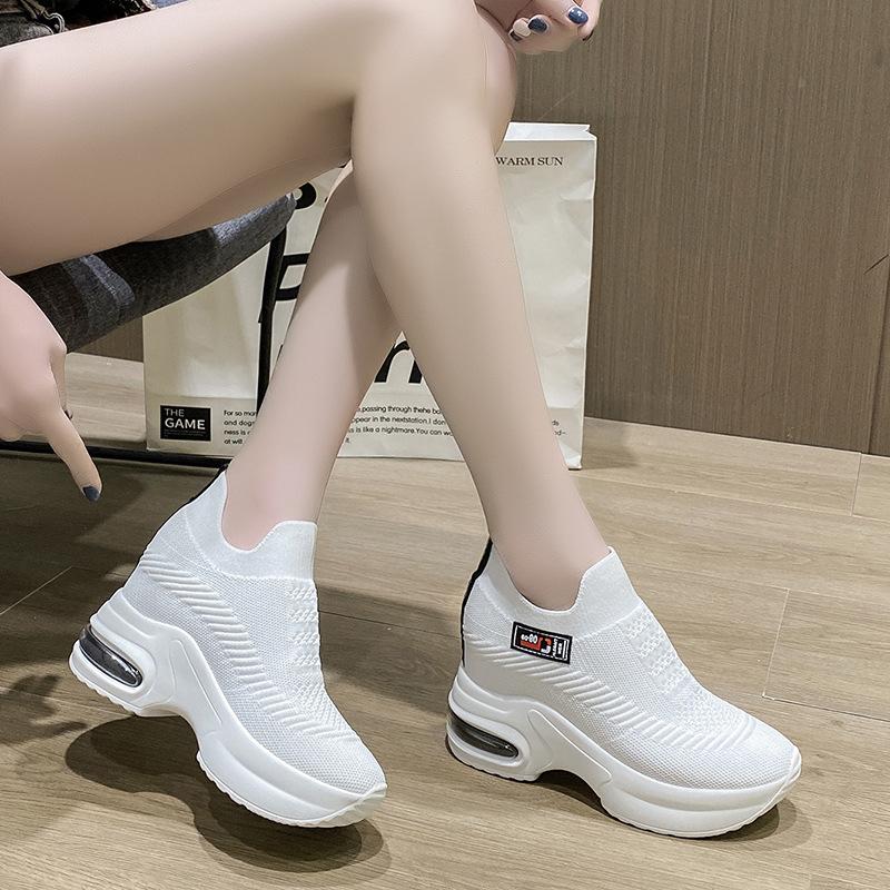 Fashion 2025Women's Sneakers Spring Sequined Casual Shoes Women Platform Heels Wedges Height Increasing Knitted Ladies Vulcanized Shoes