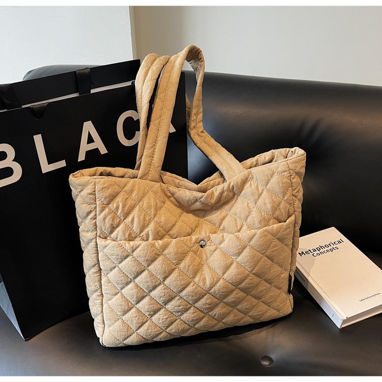 Осенне-зимняя хлопковая сумка, повседневная сумка-тоут большой вместимости, женская модная сумка через плечо из ромбовидного холста