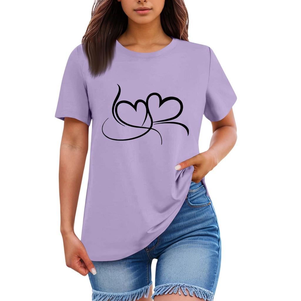 Ladies' Loose Comfortable Casual Fashionable Heart Pattern Printed Round Neck Short Sleeved Shirt