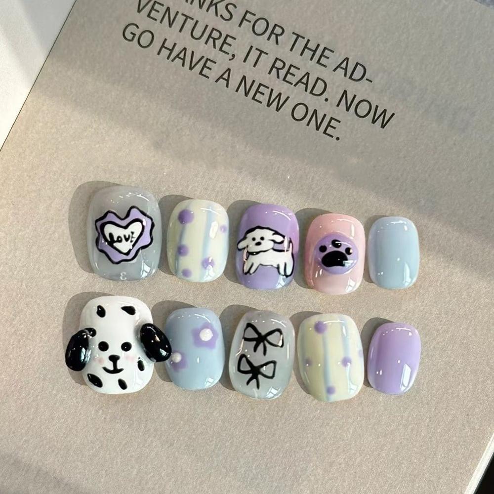 Cartoon Rilakkuma Short Square Round Handmande False Nails Cute Animal Bear Cat Dog Strawberry Bow Press On Nails Christmas Gift