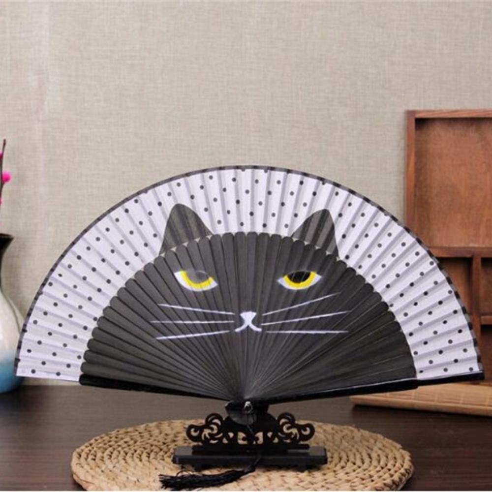 Кошка, китайский мультяшный шелк, модные ручные веера в японском стиле, популярный милый веер с котенком, ручной складной женский веер для девочек