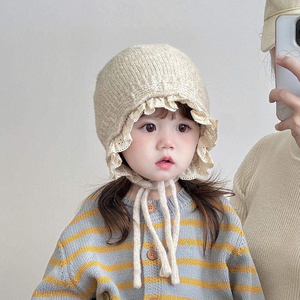 Lace Up Design Warmer Beanie Cap Windproof Outdoor Thick Ear Protection Bonnet  Girls