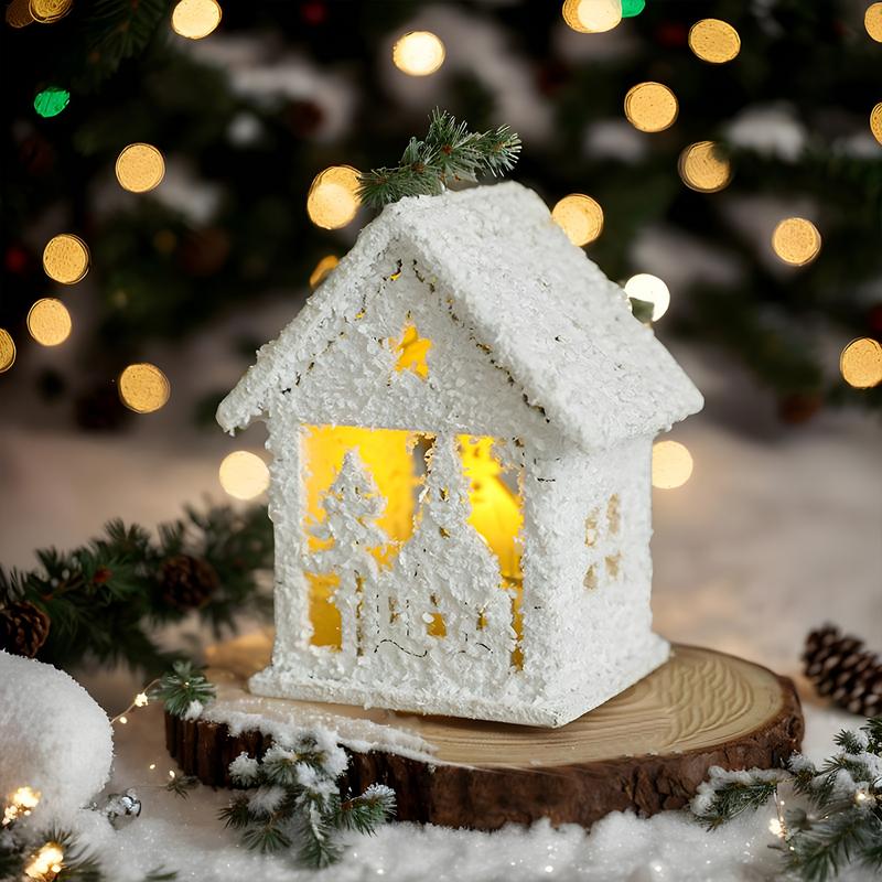 Светящийся Рождественский Домик Белый Пейзажный Декор со Светодиодной Подсветкой Рождественское Украшение Деревянная Статуэтка Домика для Украшения Гостиной