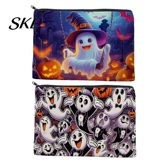 Portable Storage Bag Halloween Bag, with Colorful Cartoon Ghost Print, Durable Canvas Pouch Makeup Zipper Large Capacity Lightweight Travel