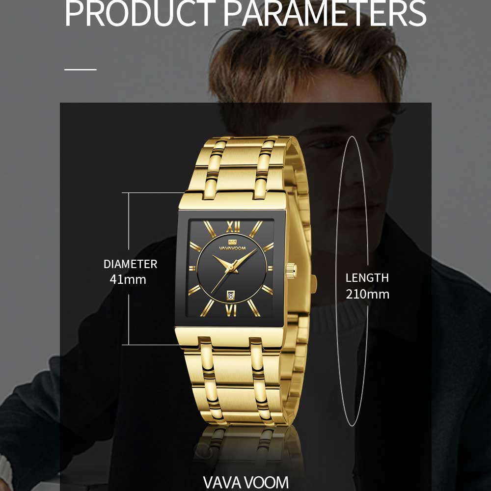 VA VA VOOM Men Watches Fashion Top Brand Luxury White Square Waterproof Quartz Wristwatch Stainless Steel Date Clock Mens Casual Business Watch