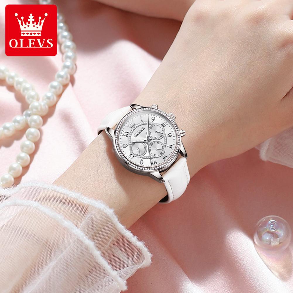Women's Watches Fashion Elegant Diamond Bezel Watch for Ladies Soft Leather Strap Waterproof Luminous Chronograph