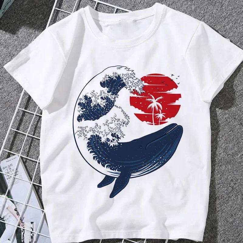 This Stylish Women's Summer T-shirt Features A Whale and Wave Print, in A Trendy Japanese Harajuku Style.Summer Streetwear Y2K