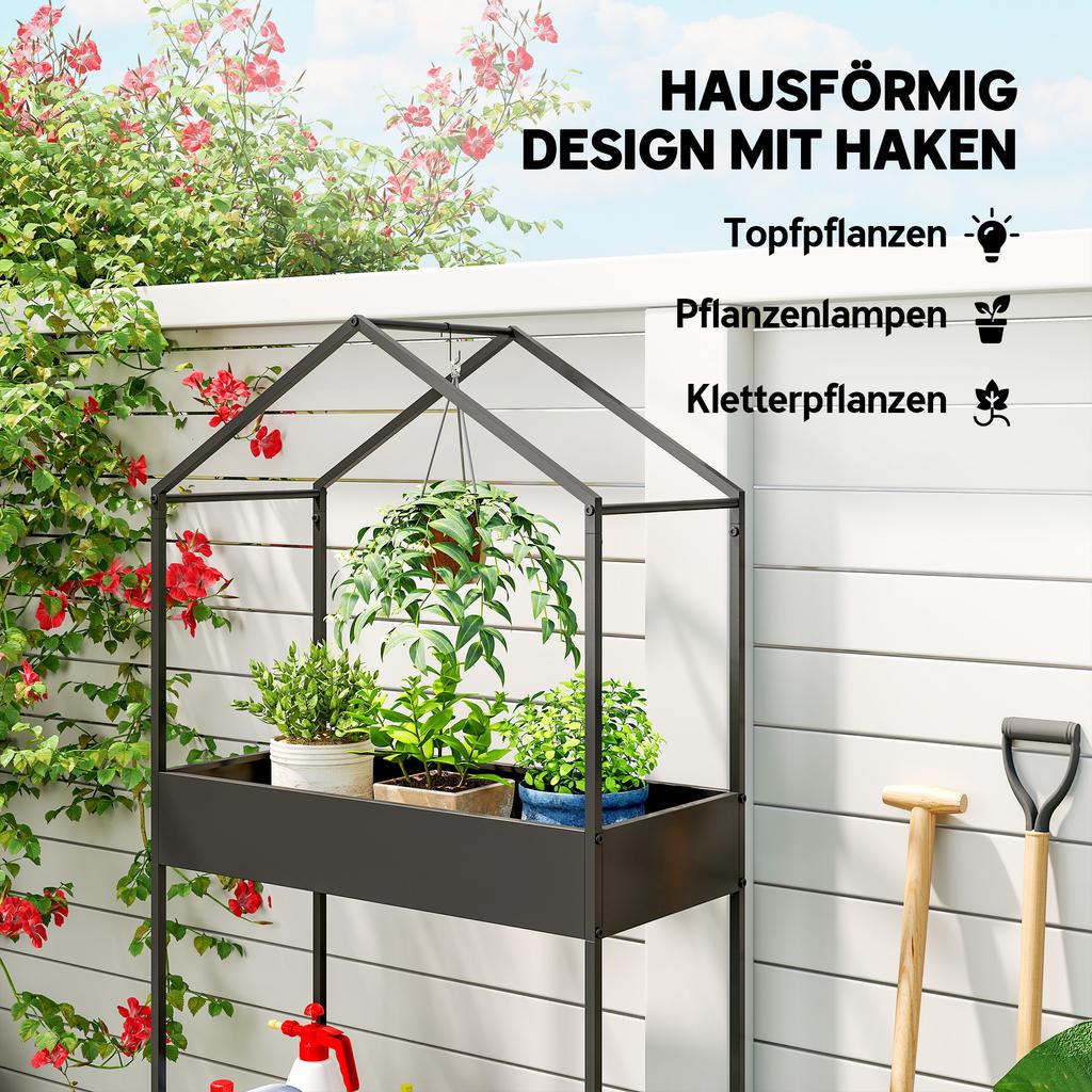 2 Tier Plant Stand, Outdoor Indoor Metal Plant Stand with Hook, House-Shaped Pots Holder Display Rack, Black
