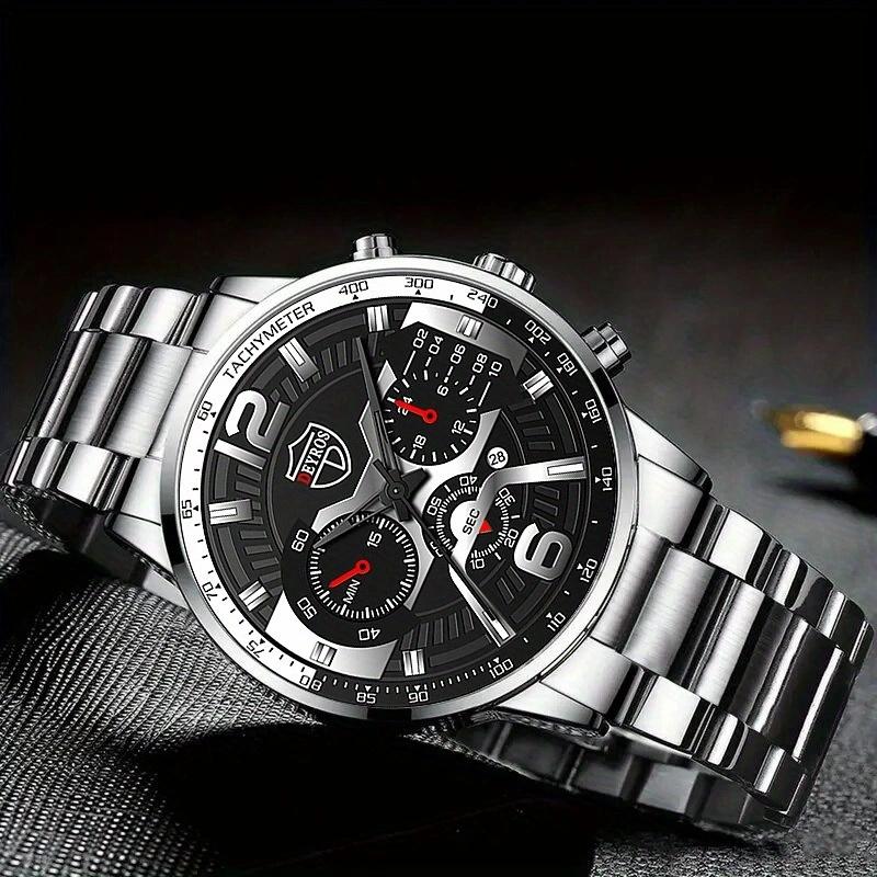 3pcs/set, Fashion Men's Calendar Sports Quartz Watch with Stainless Steel Strap & Bracelet & Necklace, Best Gifts for Him