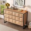 The sideboard and the chest of drawers are characterized by a combination of black and natural wood tones, metal legs and raised doors.