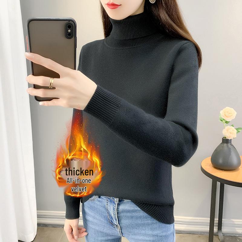 Women's Plus Size Velvet High Neck Knitwear: Slim Fit Autumn/Winter Warm Base Layer Sweater