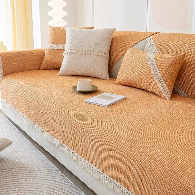 Кремовая подушка для дивана, всесезонный универсальный противоскользящий чехол для дивана с кисточками и краями