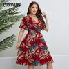 Plus Size Summer Women's Dress  V-neck Half Cardigan Waist Slimming Dresses