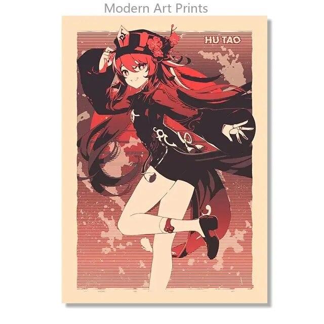 Ретро Genshin Impact Ganyu Hutao игровой плакат печать на холсте настенные аниме фотографии домашний декор комнаты без рамки