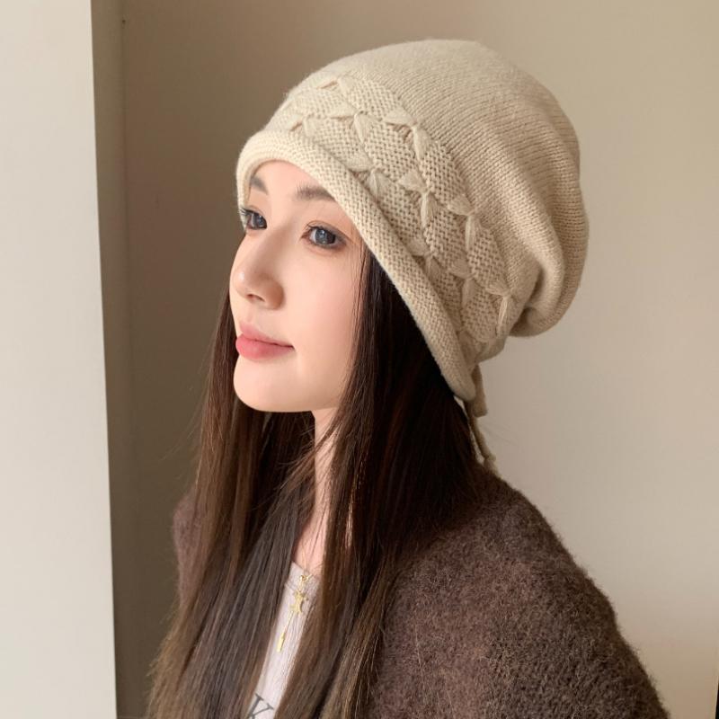 Rawstring Detail Stretchy Slouchy Beanie Hat, Unisex Solid Color Soft Adjustable Winter Knitted Skull Cap