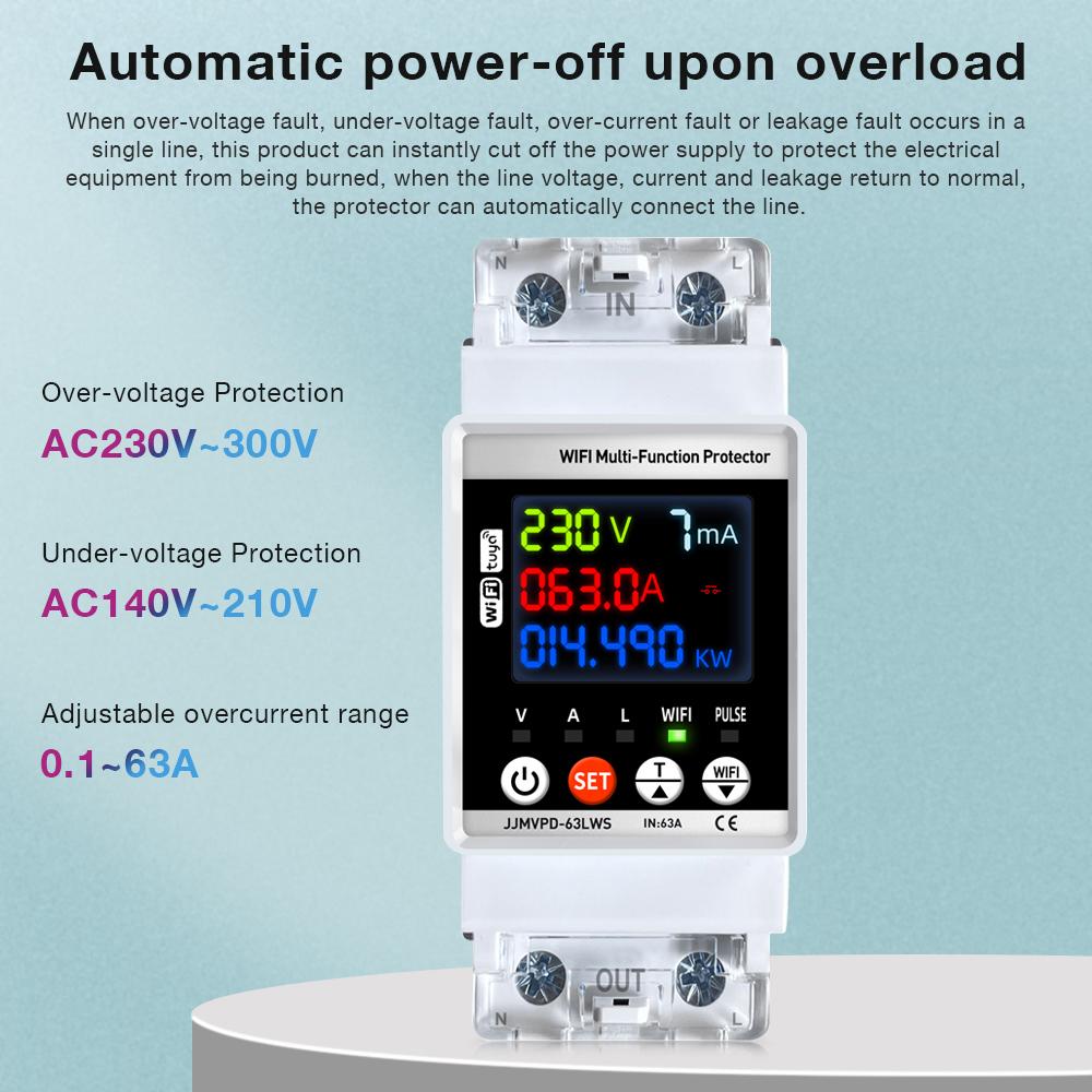 Tuya WiFi Energy Meter, 63A Multifunction Smart Energy Meter Circuit Breaker Overcurrent Protection