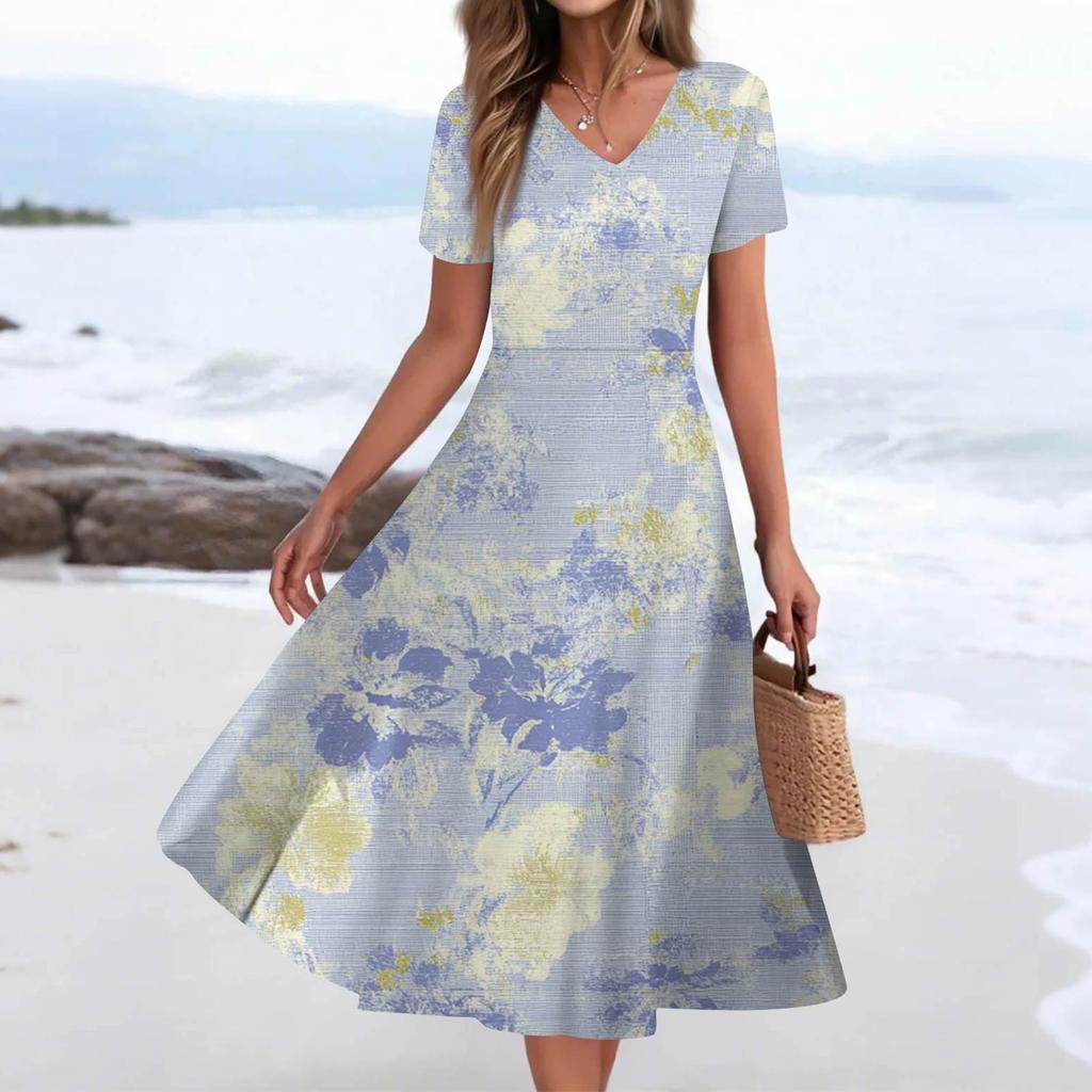 Женское летнее повседневное модное платье с принтом и карманом, коротким рукавом и V-образным вырезом