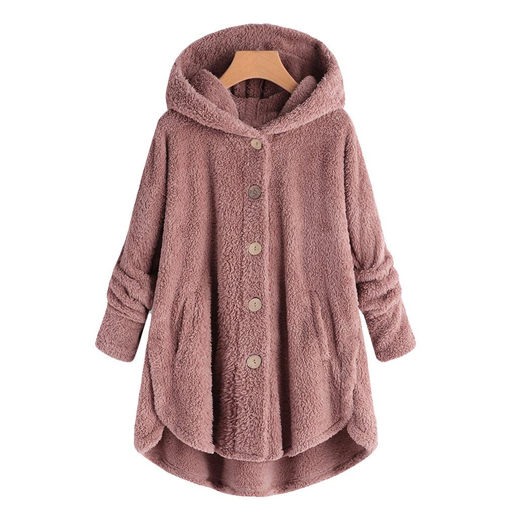 Women Plus Size Button Plush Tops Hooded Loose Cardigan Wool Coat Winter Jacket