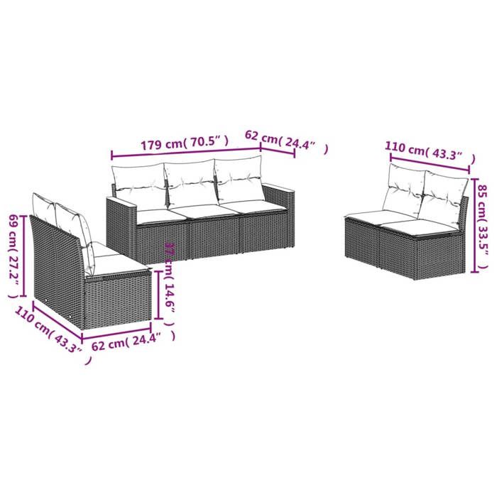 VidaXL Salon de Jardin avec Coussins 7 pcs, Canapés de Terrasse, Ensemble de Meubles de Patio, Mobilier d'Extérieur, Noir 3225873