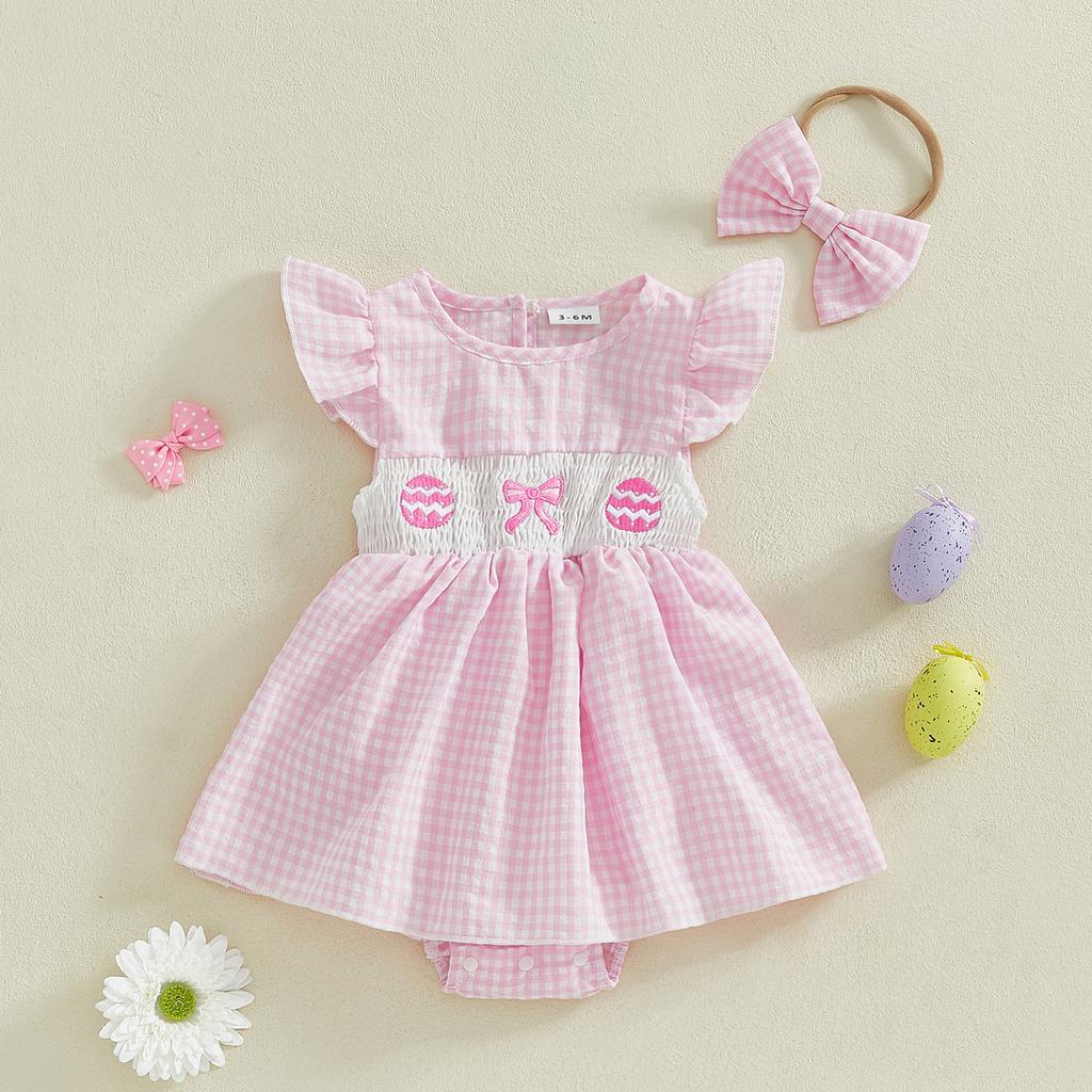 Baby Girls Easter Romper Dress Plaid Printed Flying Sleeve Round Neck Jumpsuit with Bow Headband