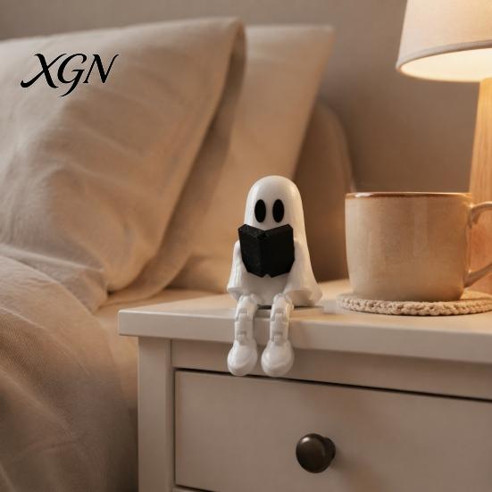 Desktop Ghost Figurine Reading with Articulated Legs, 3D Printed Sitting PLA Ornament Statue, White Desk for Halloween Decoration Miniature Decor