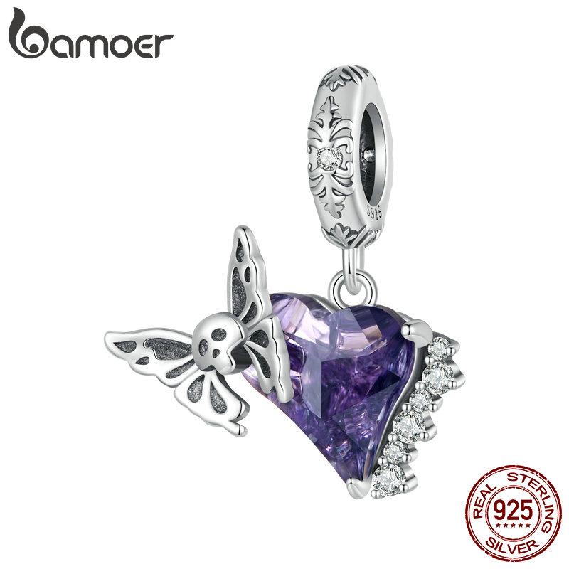 BAMOER Стерлингового Серебра 925 пробы Скелет Сердце и Бабочка Шарм Бусины Череп Бабочка Силиконовый Подвеска для Женщин Браслет DIY Ювелирные Изделия