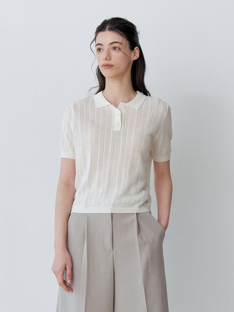 LE STUDIO Short Sleeve Collared Cloche Knit (Cr)