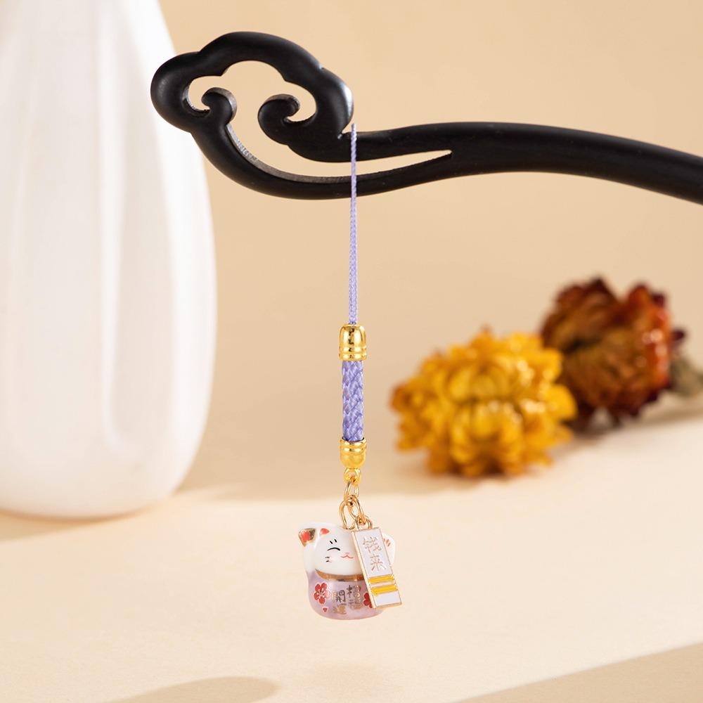 Chinese Style Ceramic Lucky Cat Phone Charms Metal Fortune Maneki Neko Phone Chain Cartoon Trinket Lucky Cat Pendant
