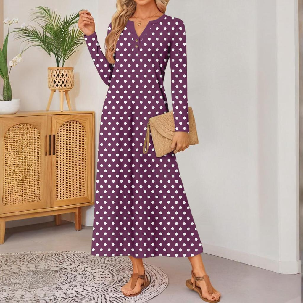 Women Polka Dot Printed Long-sleeved Comfortable Loose Dress, Elegant Dress