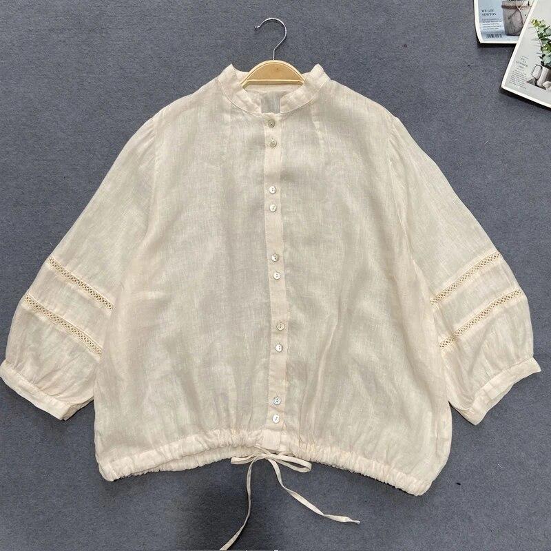 Johnature Spring Autumn Women Japanese Vintage Short Shirts Casual Stand Collar Loose All Match Female Tops
