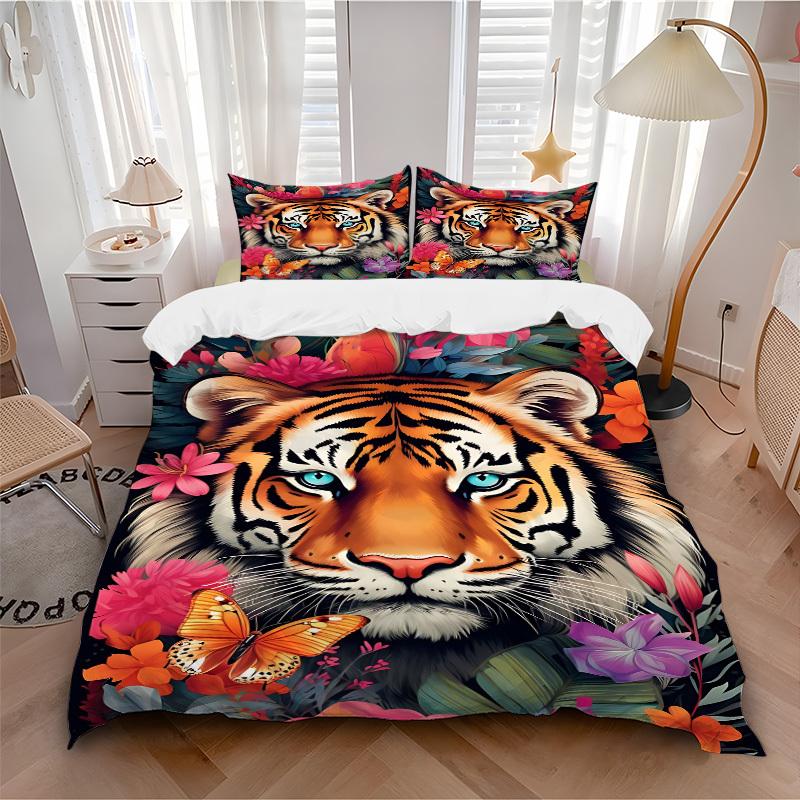 3pcs Tiger Floral Print Duvet Cover Set, Cover For Bedroom Guest Room (1 Duvet Cover + 2 Pillowcase, Without Quilt), yy250922107